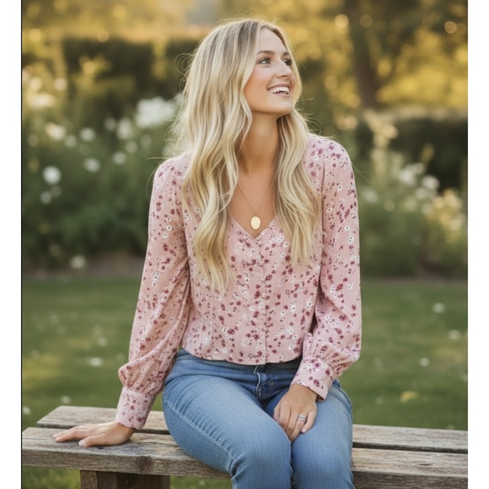 Love Tree Pink Ditsy Floral Top Boho Cottagecore Fairy Whimsical Size L‎ Party